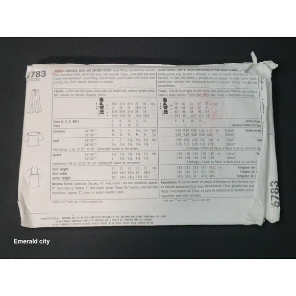 Vtg Simplicity 6783 Misses' Camisole, Skirt & Unlined Jacket Pattern Size 10 - Picture 3 of 6